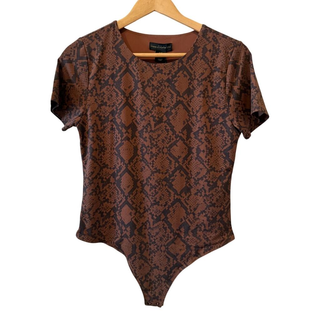 House of Harlow 1960 Revolve Short Sleeve Bodysuit Brown Snake Print M